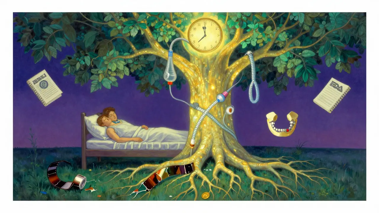 An allegorical tree of medical solutions stands tall while discarded tape lies broken at its roots under a celestial dawn.