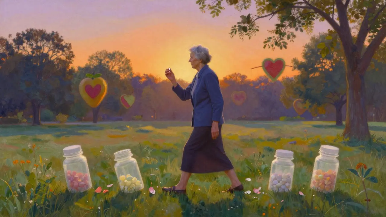An elderly woman walks through a park, holding one pill as faded pill bottles turn to petals around her feet.