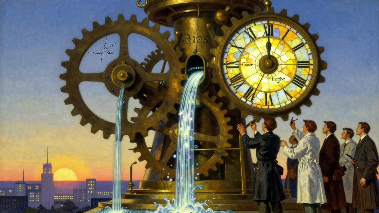 An ornate brass clockwork machine processes medical data streams, with one cracked gear labeled 'Bias' and another glowing 'Genomic Insight'.