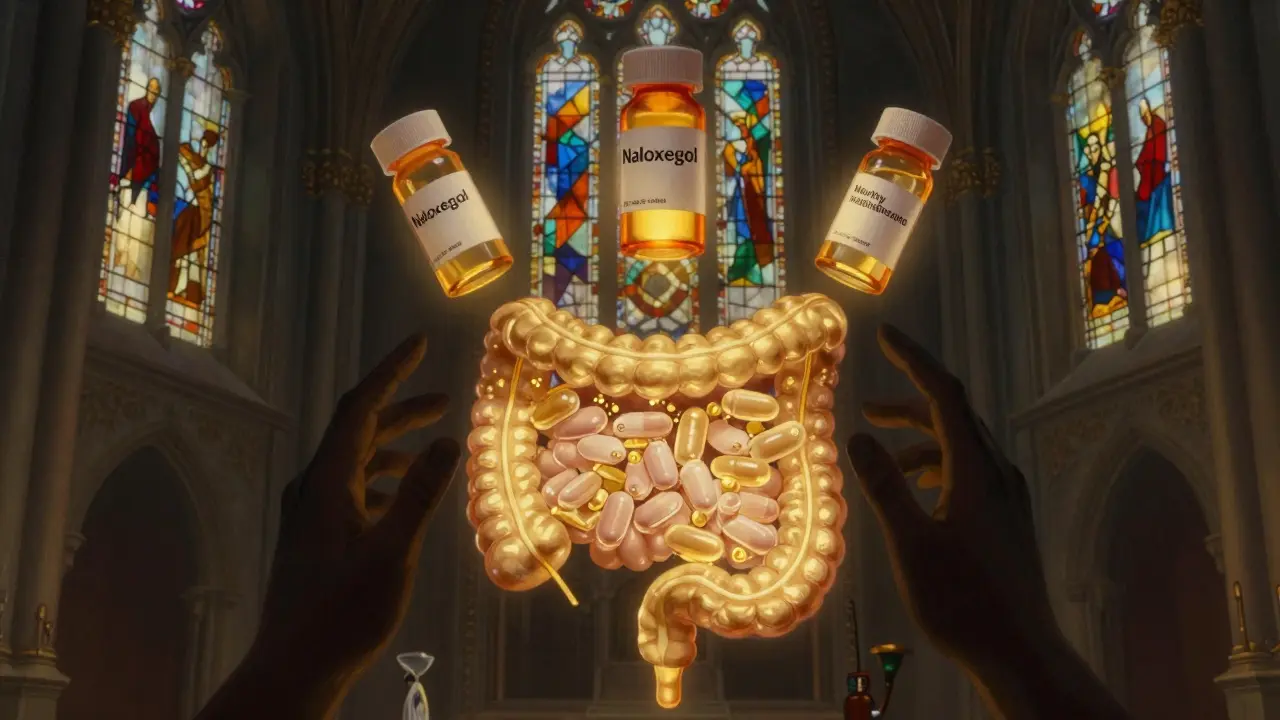 An ornate intestine cathedral with dimmed opioid receptors reactivated by glowing prescription bottles floating above.