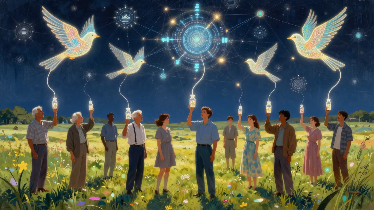 Diverse patients holding pill bottles connected by light tendrils to an AI web of data birds above.