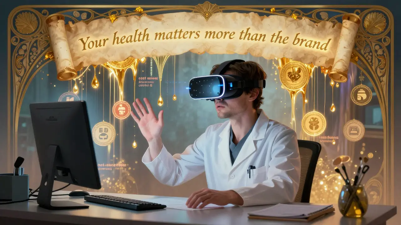 Doctor using VR headset with golden data streams and 'health matters more than brand' text.