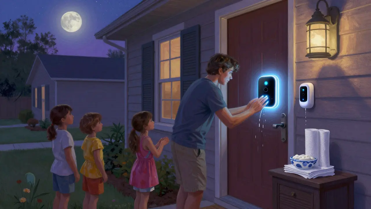 Family washing hands at front door with smart device and tippy tap under starlit twilight.