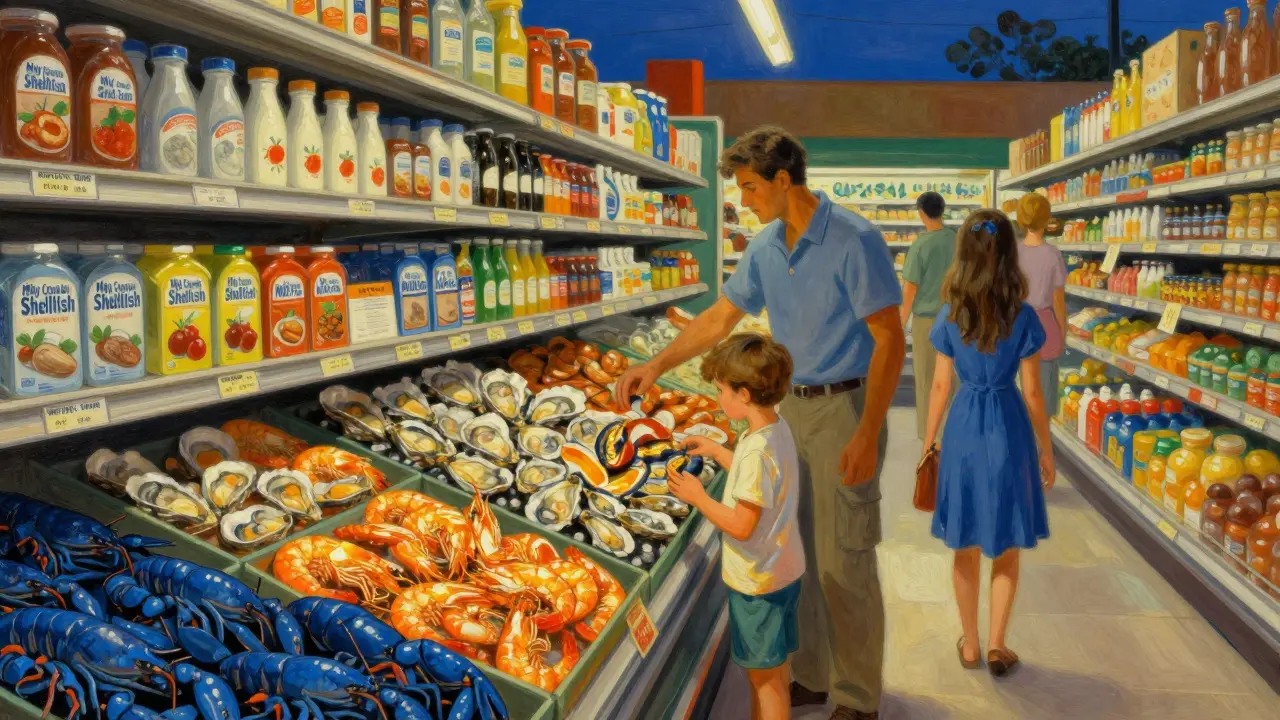 Grocery shelf with conflicting allergen labels, oysters glowing ominously beside shrimp.