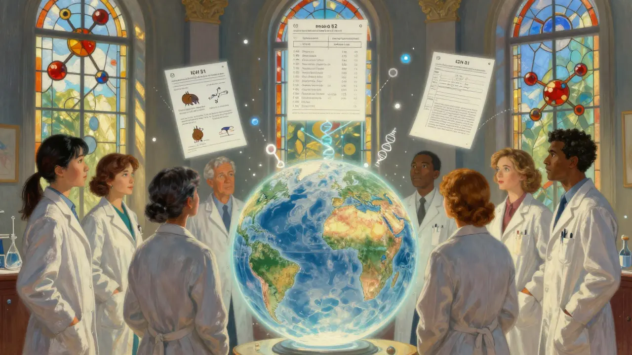 Scientists from around the world reviewing floating safety data and clinical trial symbols around a glowing globe.