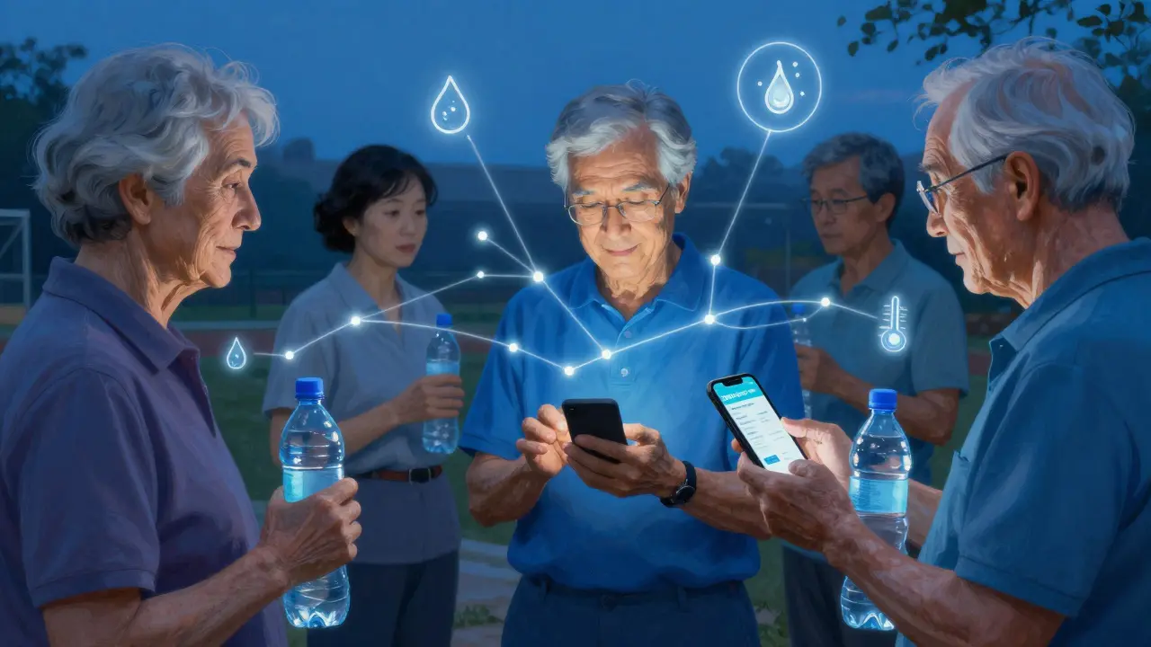 Seniors in a community center with glowing health symbols and hydration icons.
