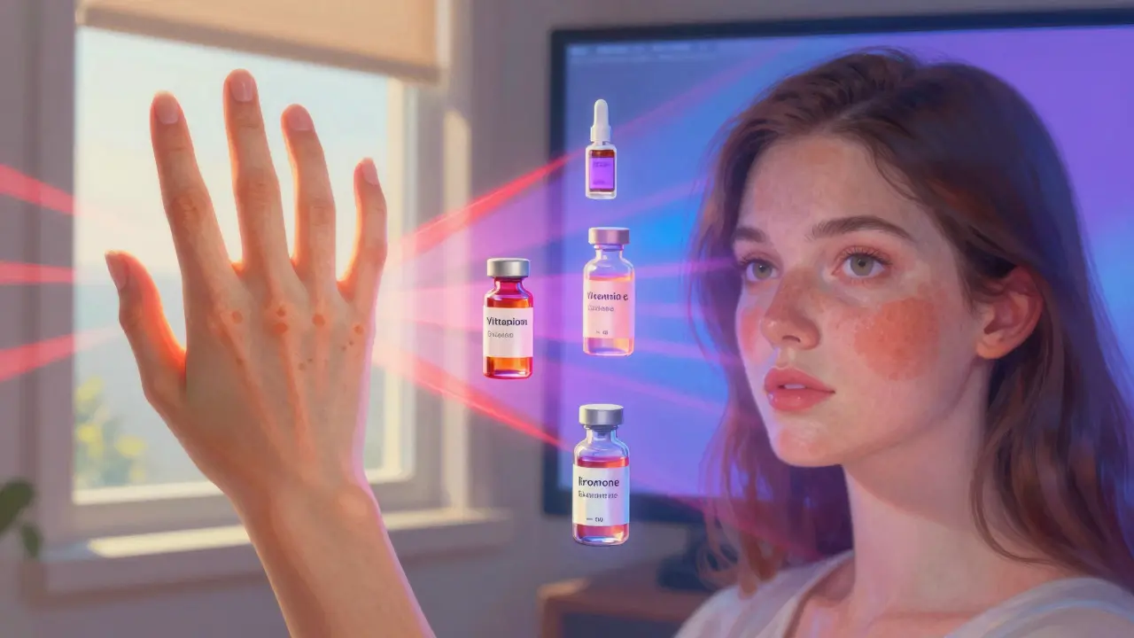 Split scene showing sun spots vs melasma with rays of UV and visible light, floating skincare ingredients in luminous colors.