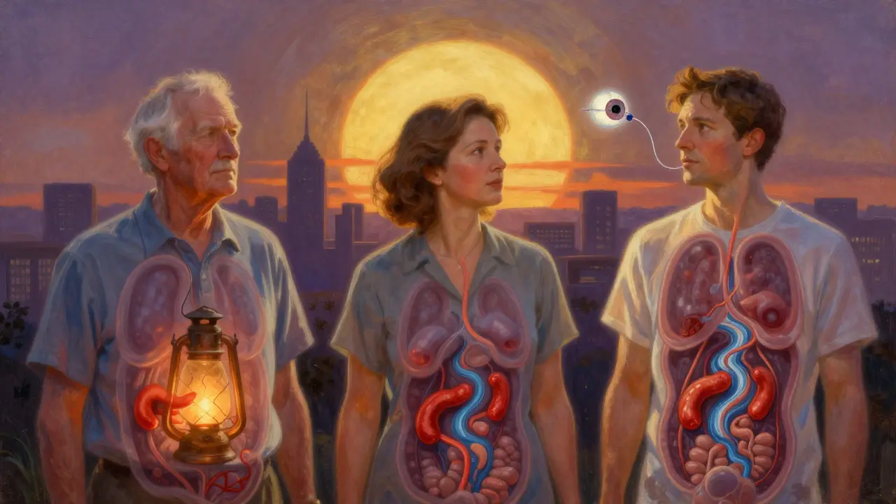 Three patients with internal bleeding revealed through translucent skin, framed by a sunrise and AI eye above an endoscope.