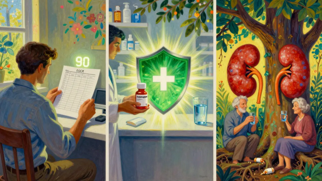 Triptych: eGFR check, safer medication swap, and hydrating couple with healthy kidney shadows under a tree.