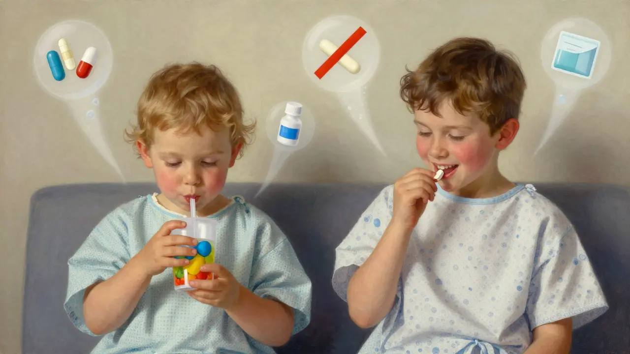 Two children receive age-appropriate medications, with safe and banned drugs shown as glowing symbols in the background.