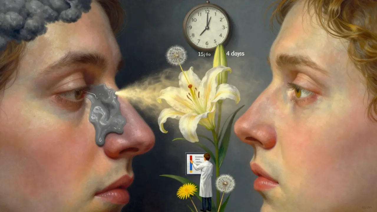 Two nasal passages contrast: one dark and congested, the other glowing with golden mist and blooming flowers.