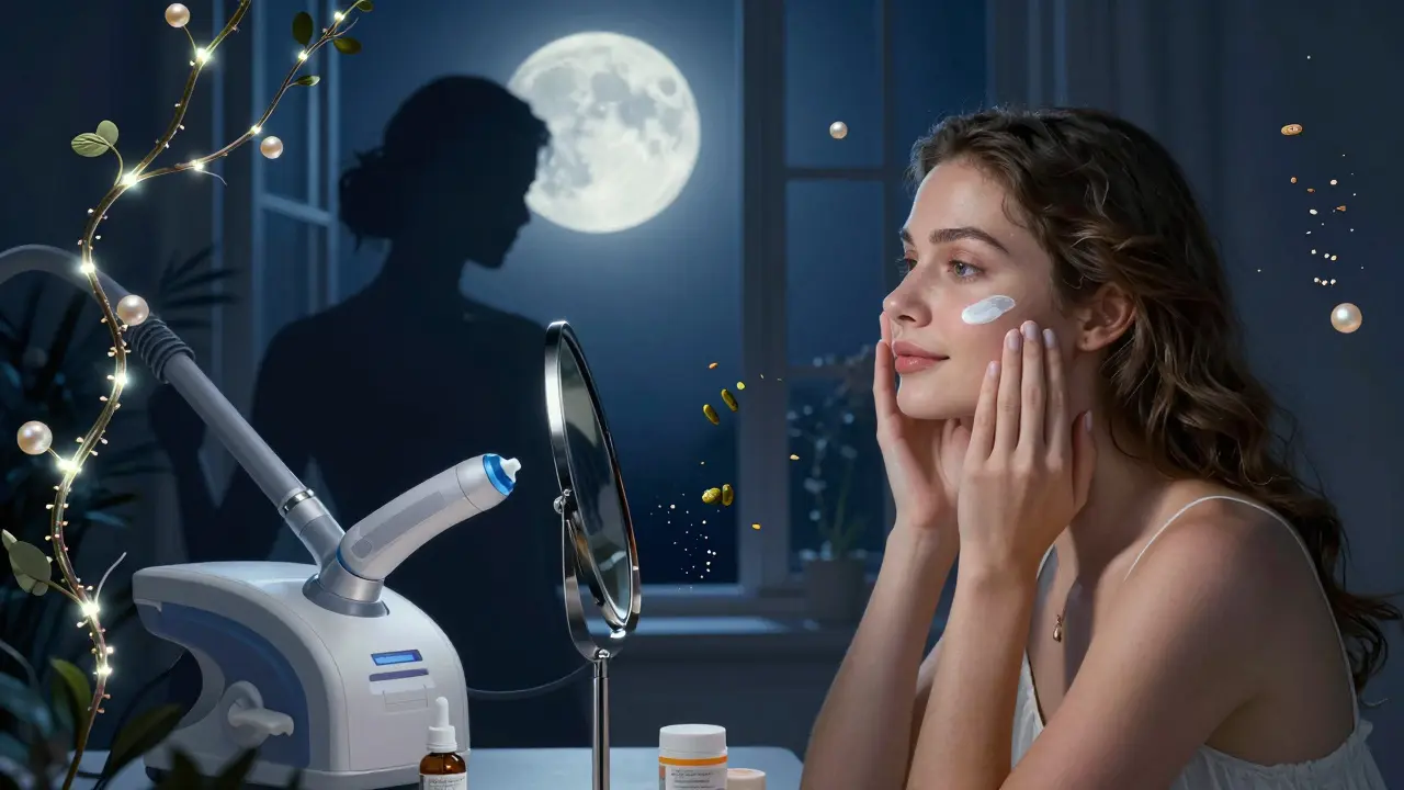 Woman applying iron oxide sunscreen at night, laser restrained by botanicals, moonlight casting protective glow.