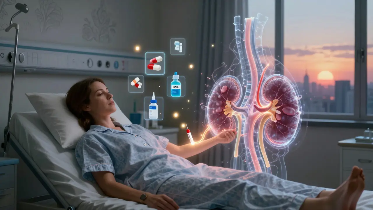Woman getting blood test, kidney tubules glowing behind her with floating drug icons in a soft hospital room.