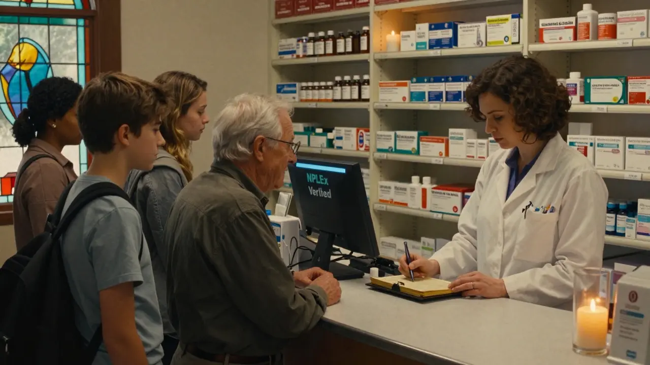 A diverse group of people at a pharmacy counter as a pharmacist logs a purchase under soft, golden light.