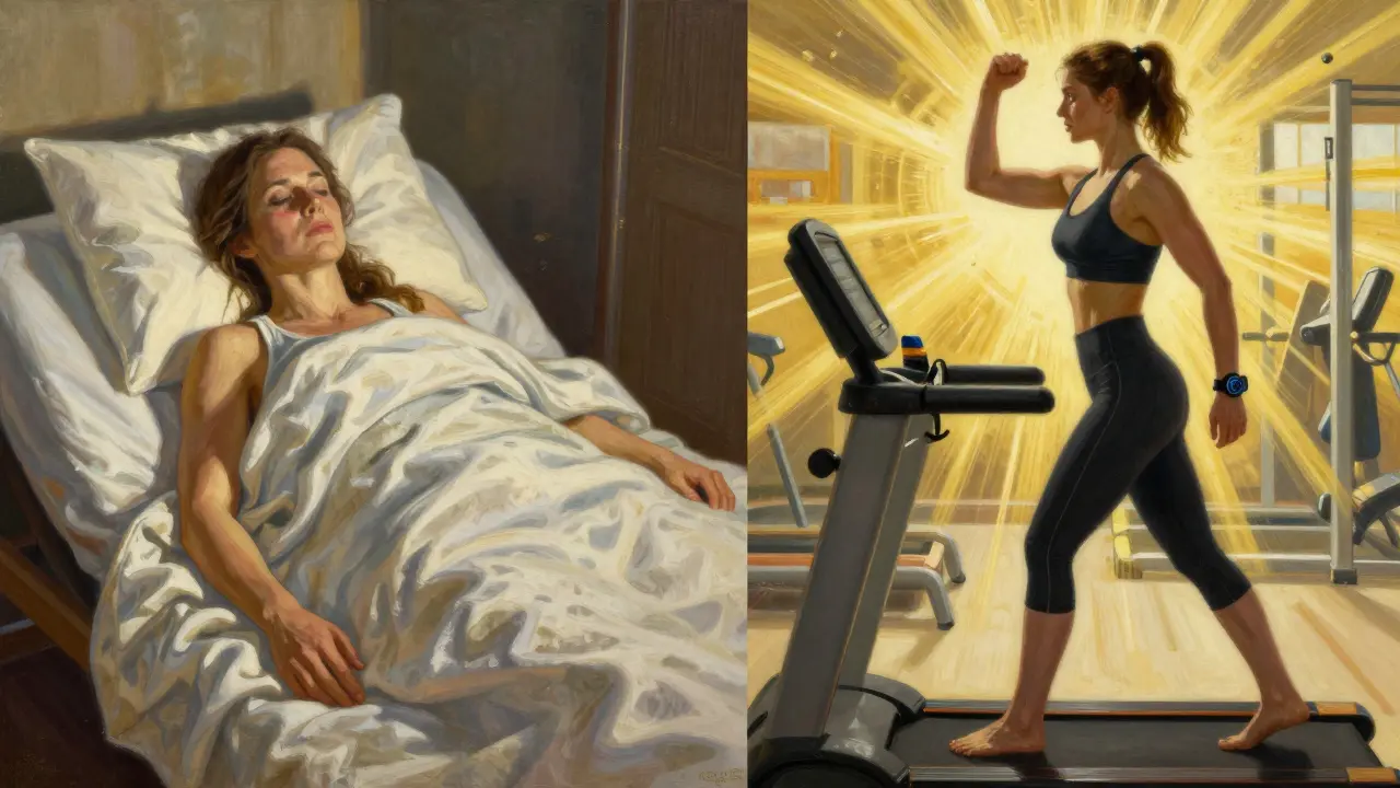 A dual scene showing transformation from bedridden fatigue to empowered movement in rehab.