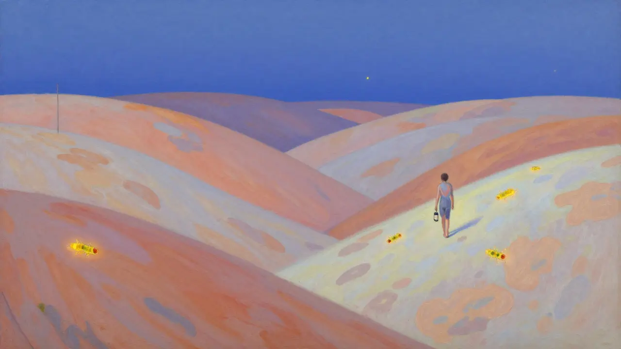 A landscape of skin as a neighborhood, with pale patches and beneficial bacteria drifting like fireflies at twilight.