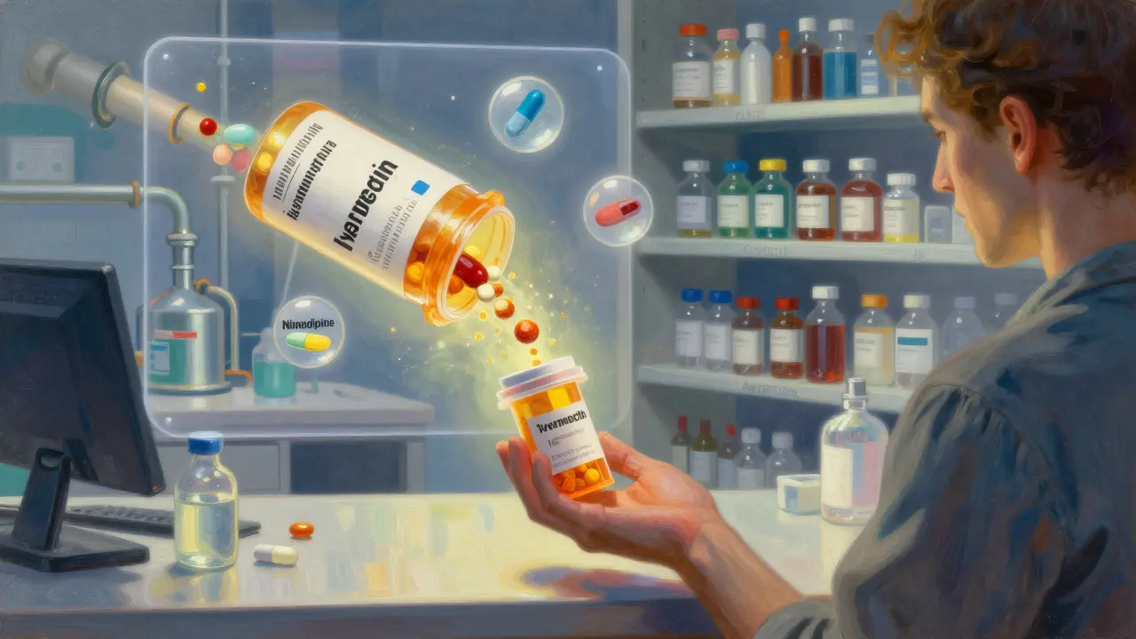 A patient receiving a prescription as floating drug icons show the journey from U.S. lab to shelf.
