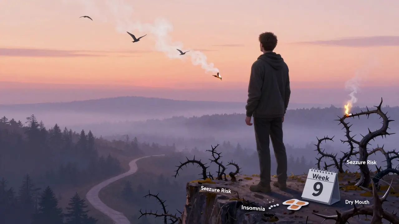 A person at dawn on a cliff, holding a pill as cigarette smoke turns to birds, overcoming health obstacles below.