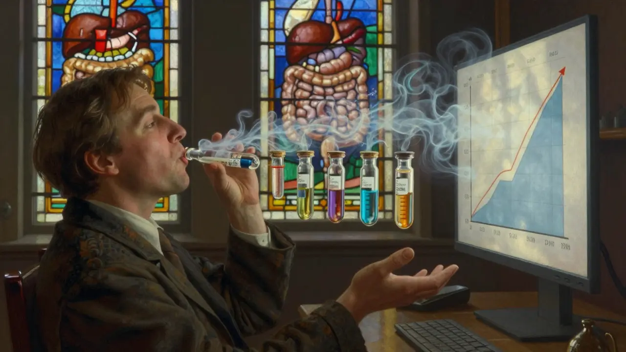 A person blowing into glass breath test vials emitting glowing gas tendrils, with a floating graph above.