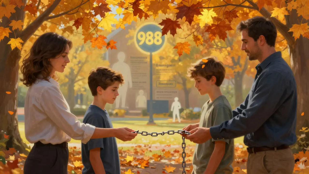 A school counselor, parent, and teen together under autumn leaves, holding broken chain fragments as emergency symbols glow softly.