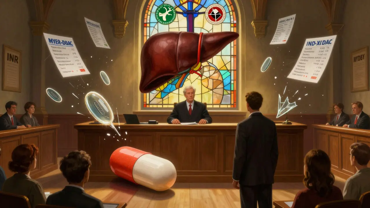 A symbolic courtroom where liver and kidney judge apixaban and warfarin, surrounded by floating medical data under stained-glass trial logos.