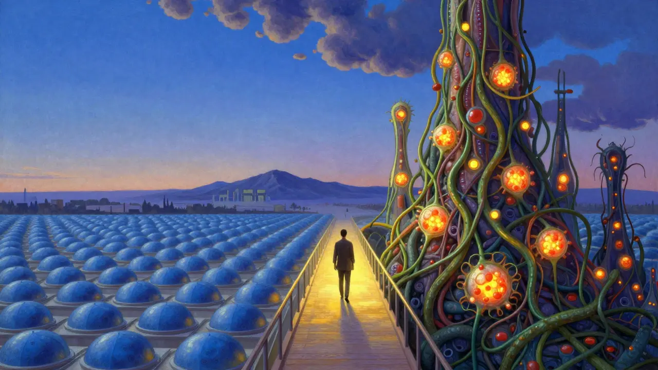 A symbolic landscape showing generic pills on one side and organic biosimilar structures on the other, connected by a path under twilight skies.