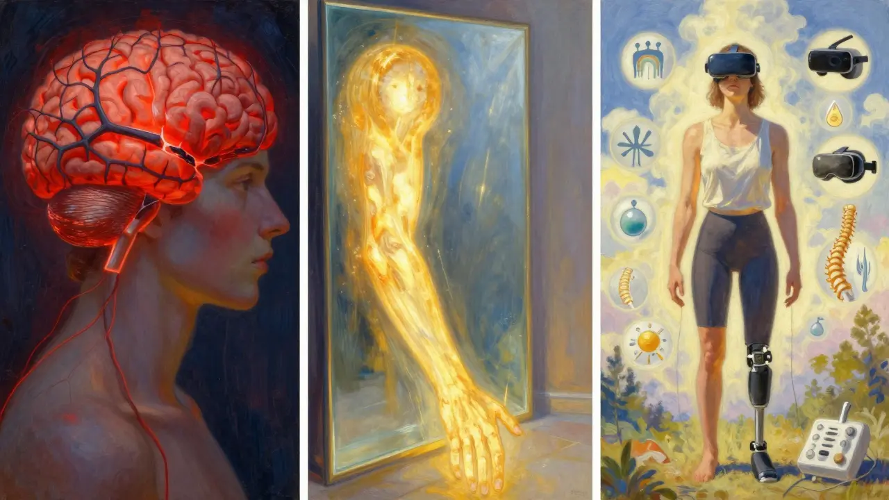 A triptych showing phantom pain transforming into healing through mirror therapy, medical devices, and radiant light.