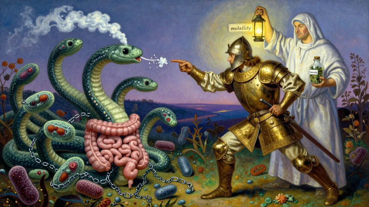 A warrior battles a bacterial serpent in an intestinal landscape, aided by a healer holding a motility lantern.