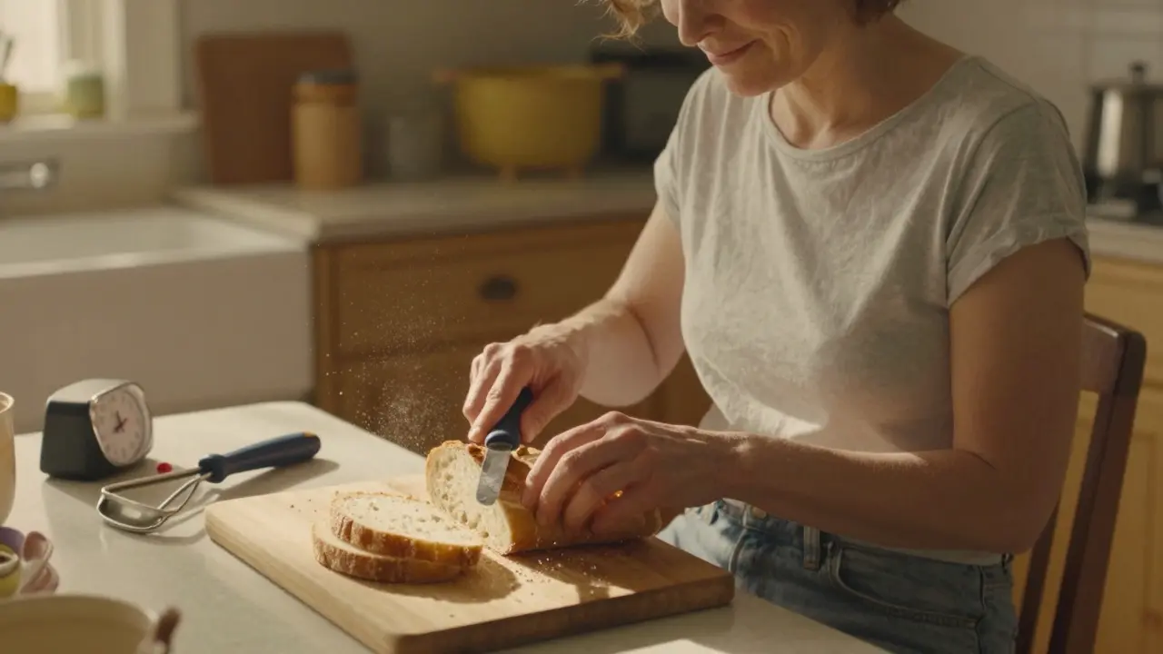 A woman using adaptive tools to prepare food in a warm, well-lit kitchen, showing independence.