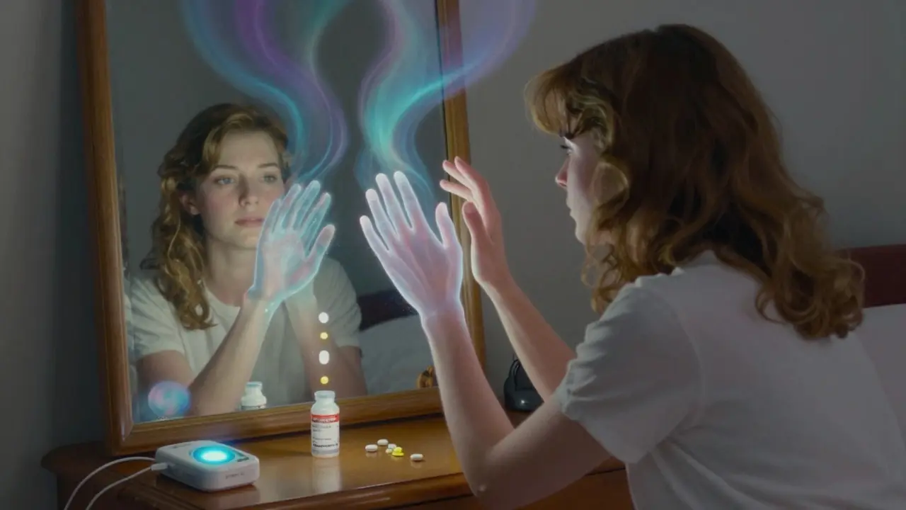 A woman watches her phantom limb move in a mirror, surrounded by floating medication symbols and soft glowing light.