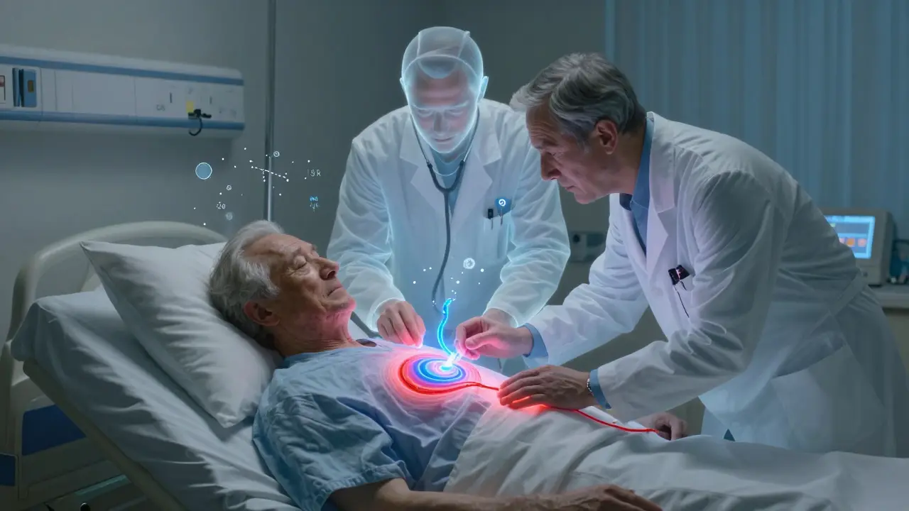 An elderly patient in a dawn-lit room with two medical figures hovering, glowing symbols of kidney and liver function swirling around.