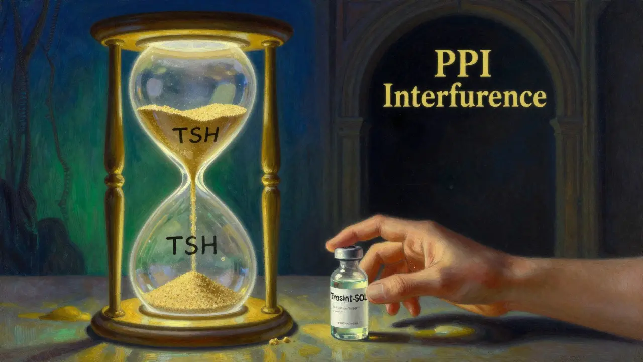 An hourglass with TSH sand blocked by PPI, restored by liquid thyroid treatment.