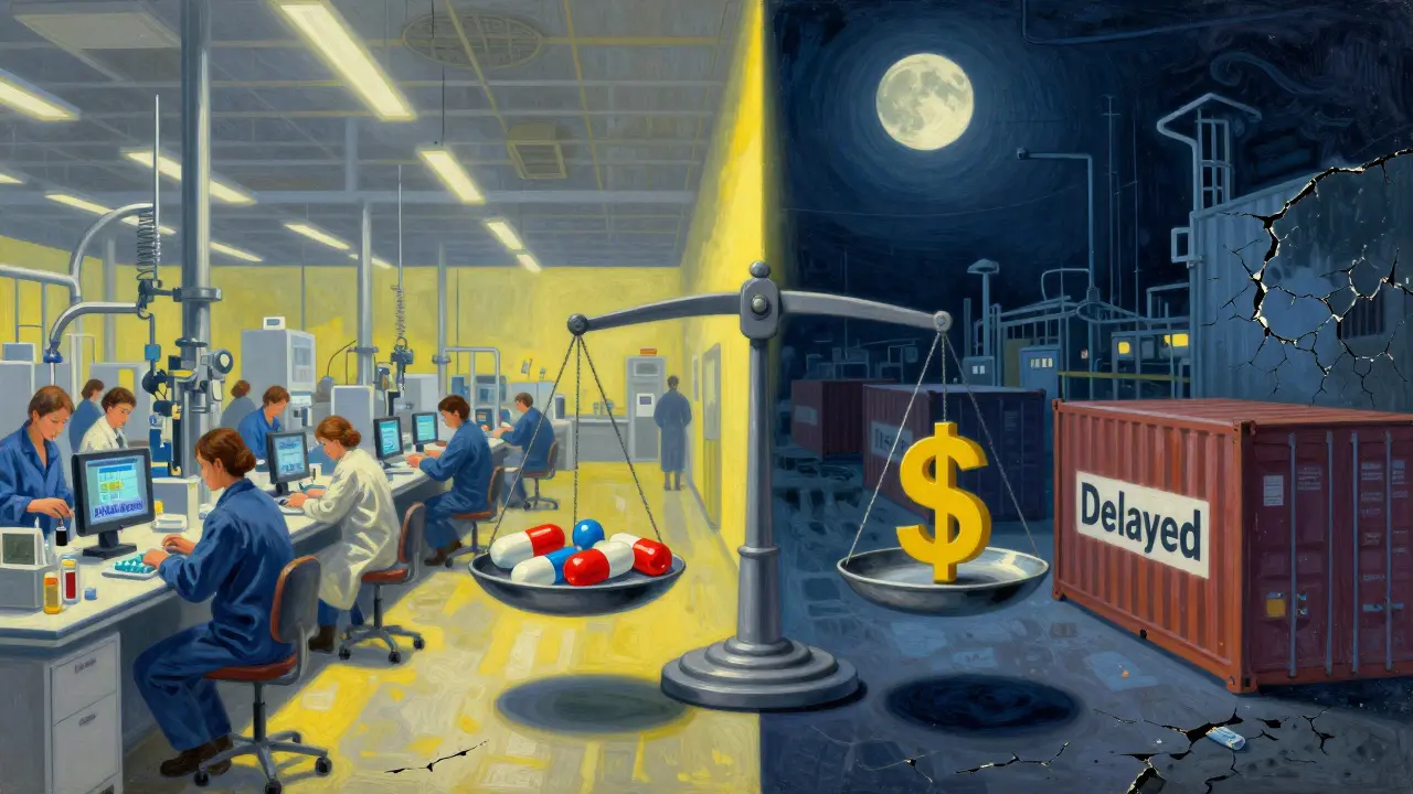 Divided landscape: U.S. drug plant in sunlight vs. shadowed foreign factory, connected by a beam of light.