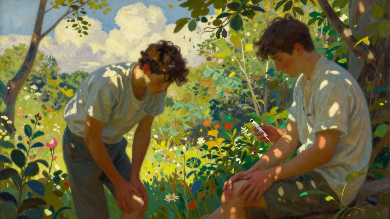 Forest clearing with figure experiencing muscle pain and another receiving injection.