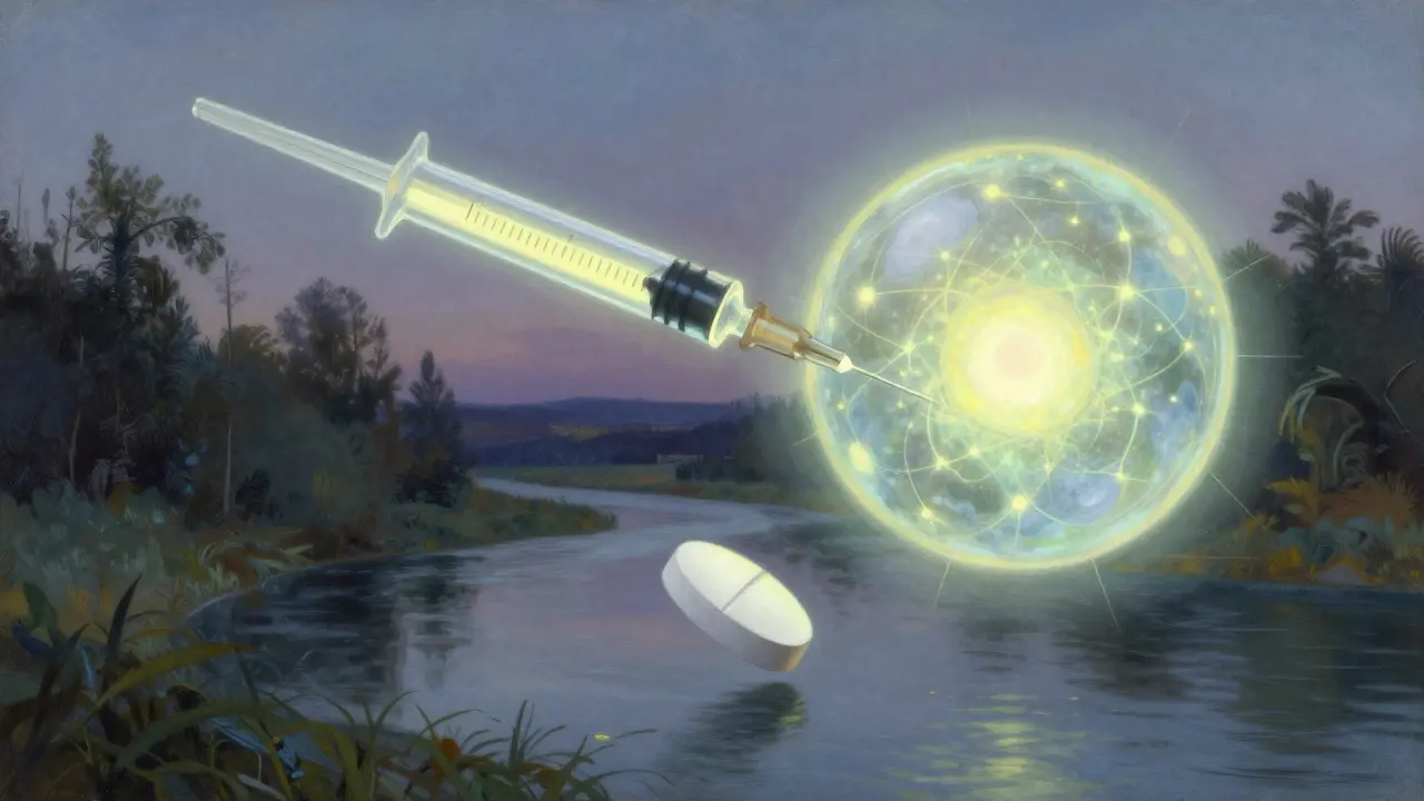 Glowing injection transforming into orb and floating oral tablet in serene landscape.
