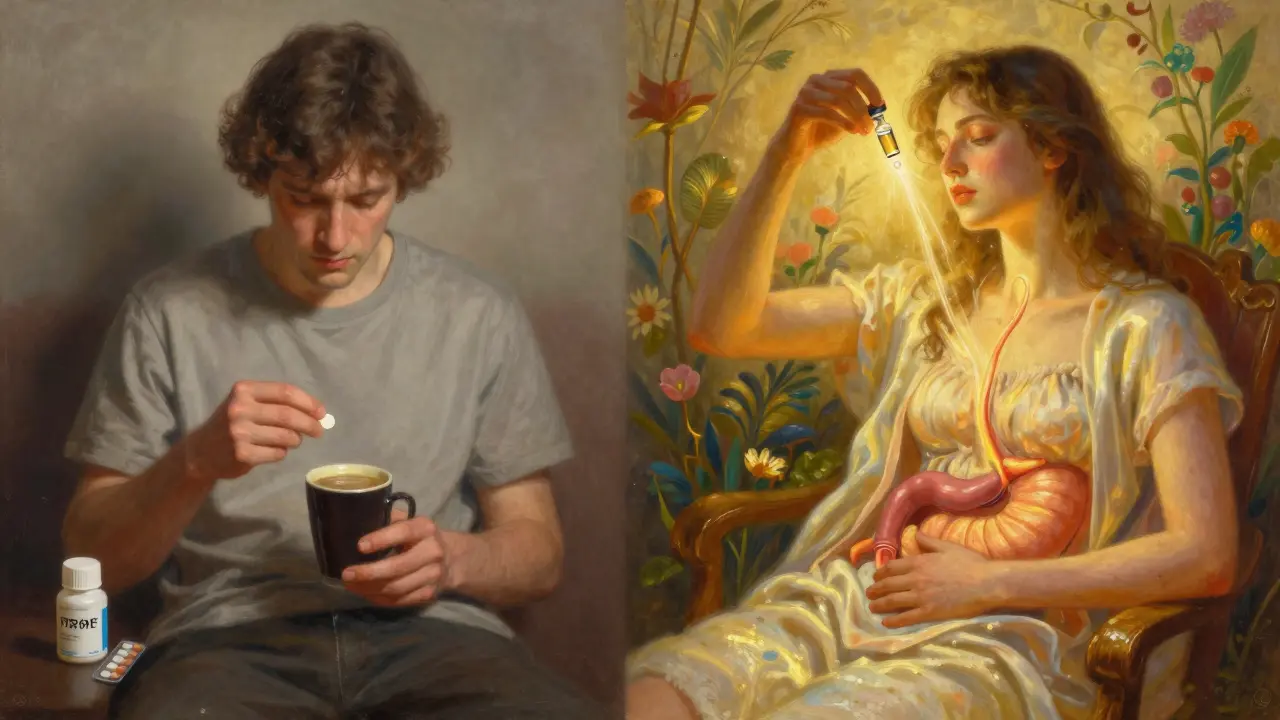 One patient surrounded by fatigue shadows, another bathed in light taking liquid thyroid medication.