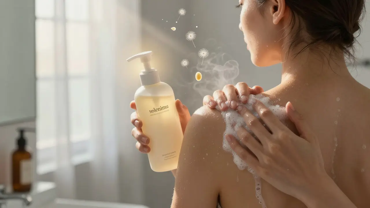 Someone applying antifungal shampoo to their skin in a sunlit bathroom, with soft steam and floating yeast cells.