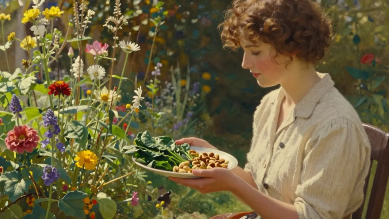 Woman holding iron-rich foods in sunlit garden.