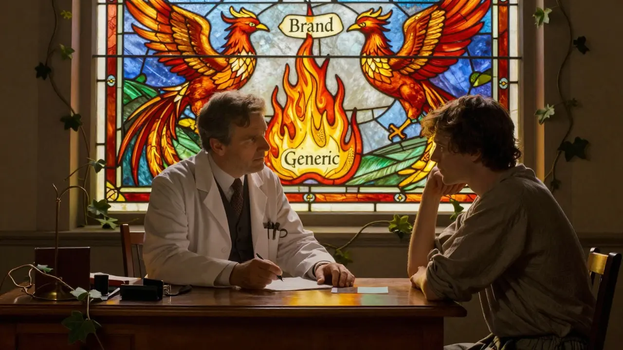 A doctor and patient sit at a wooden desk as a stained-glass window shows two phoenixes rising from identical flames.
