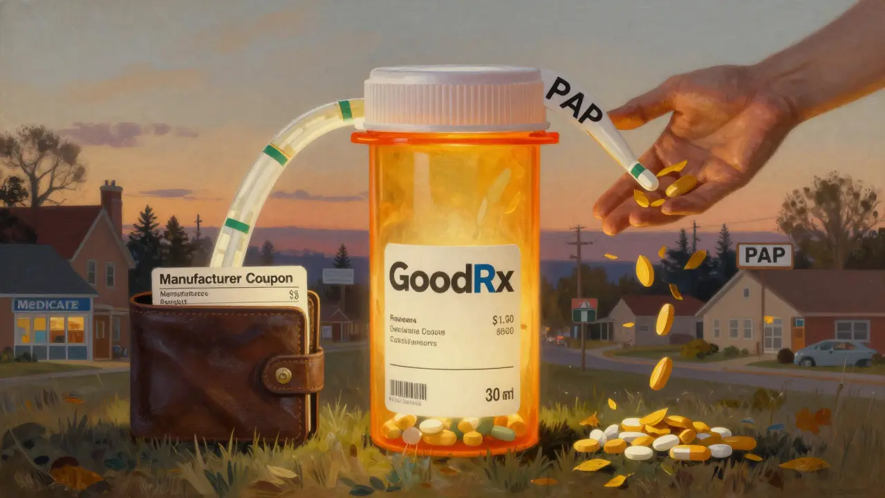 A glowing prescription bottle splits into three paths representing coupons, discount cards, and free aid, set in a dreamlike American town.
