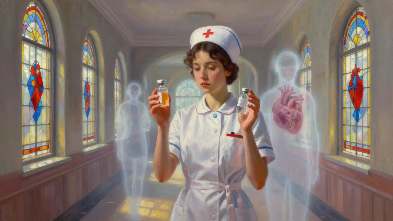 A nurse holds dopamine and dobutamine vials in a sunlit hospital corridor, ghostly heart and lung images floating behind her.