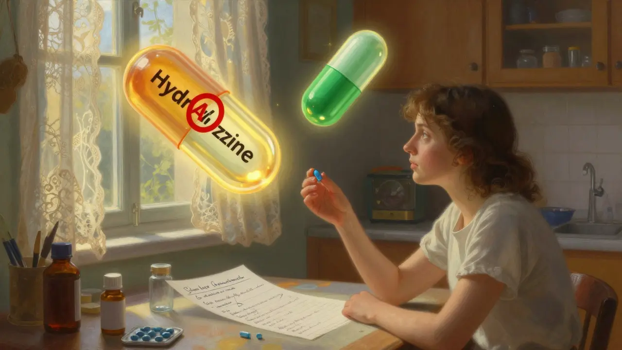 A patient examines a blue capsule at home, with floating translucent drug labels glowing in golden light above them.