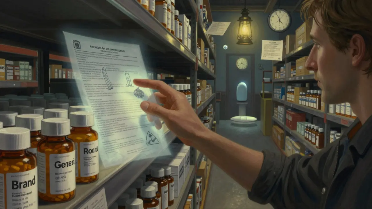 A patient reaches for generic pills but passes through legal barriers, while unopened packages gather dust in a dim warehouse.