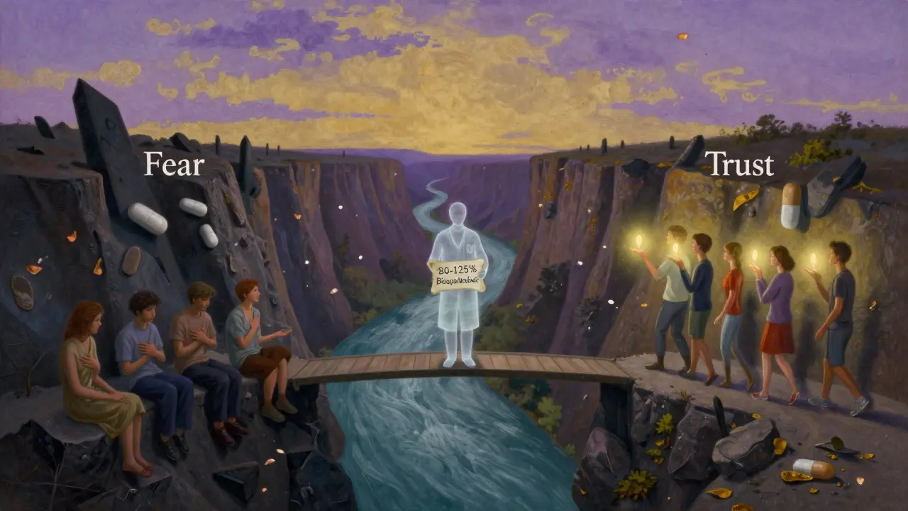 A surreal river divides a landscape of fear and trust, with glowing pills and a physician guiding patients across a bridge.