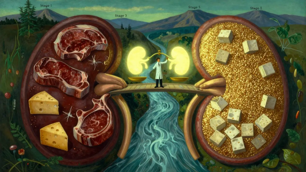 A symbolic river flowing through a kidney-shaped valley, contrasting dark animal proteins with luminous plant proteins under a balancing scale.