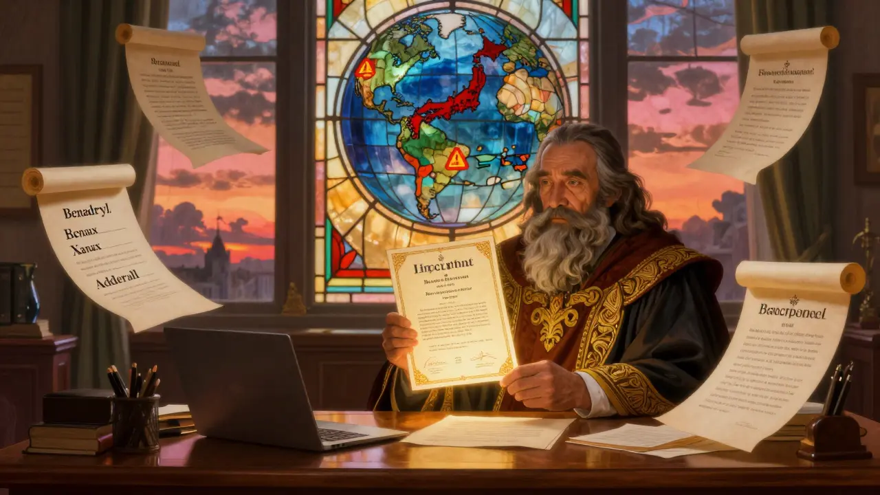 A traveler receiving a glowing import certificate from an official, surrounded by floating lists of banned medications.