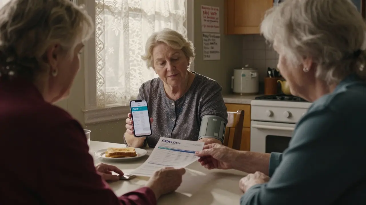 A woman compares drug prices on her phone while her neighbor offers a free medication application in a sunlit kitchen.