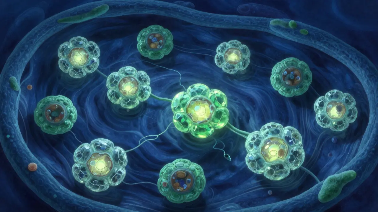 Abstract crystal flowers representing kidney cells in blue fluid