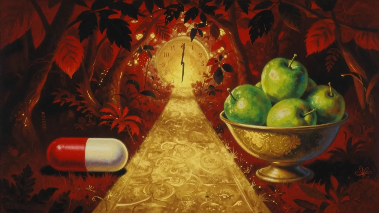 Abstract golden pathway between medicine capsule and food bowl, glowing bridge symbolizing time gap.