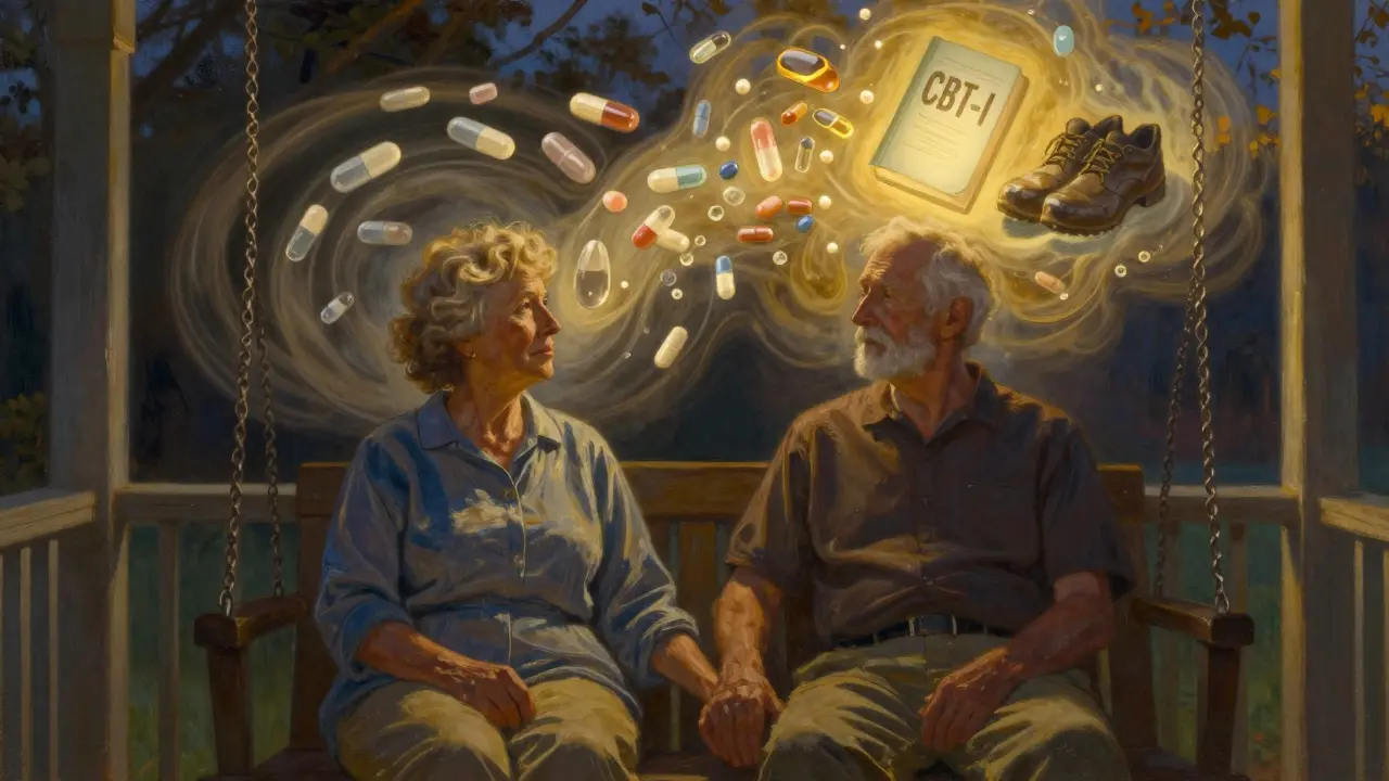 An elderly couple on a porch swing as dangerous pills dissolve into mist, replaced by a book and walking shoes.